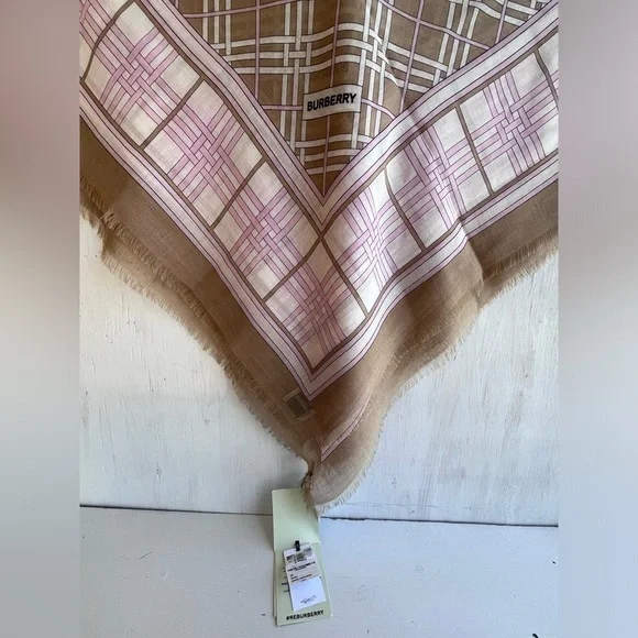 Burberry Check Wool & Silk Gauze Scarf- Archive Beige and Cherry - Picture 8 of 8